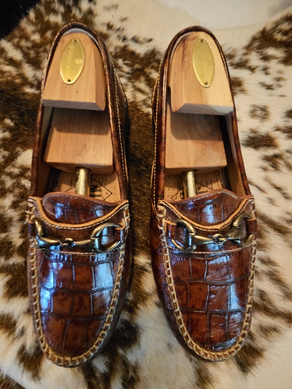 Men's Brown Croc-Embossed Leather Bit Loafers